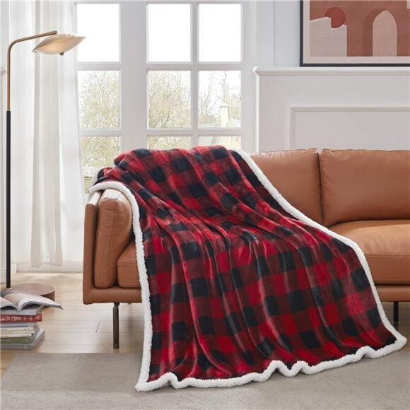 Touchat Sherpa Red and Black Buffalo Plaid Christmas Twin Blanket 60" X 70", - Picture 6 of 7